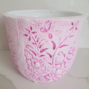 Handcrafted Pink Embossed Planter Vase Textured Burlap Florals & Butterflies